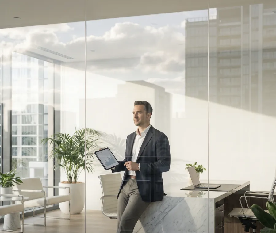 Accountant in his office holding a tablet